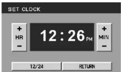 SET CLOCK + HR - 12:26 PM + MIN - 12/24 RETURN