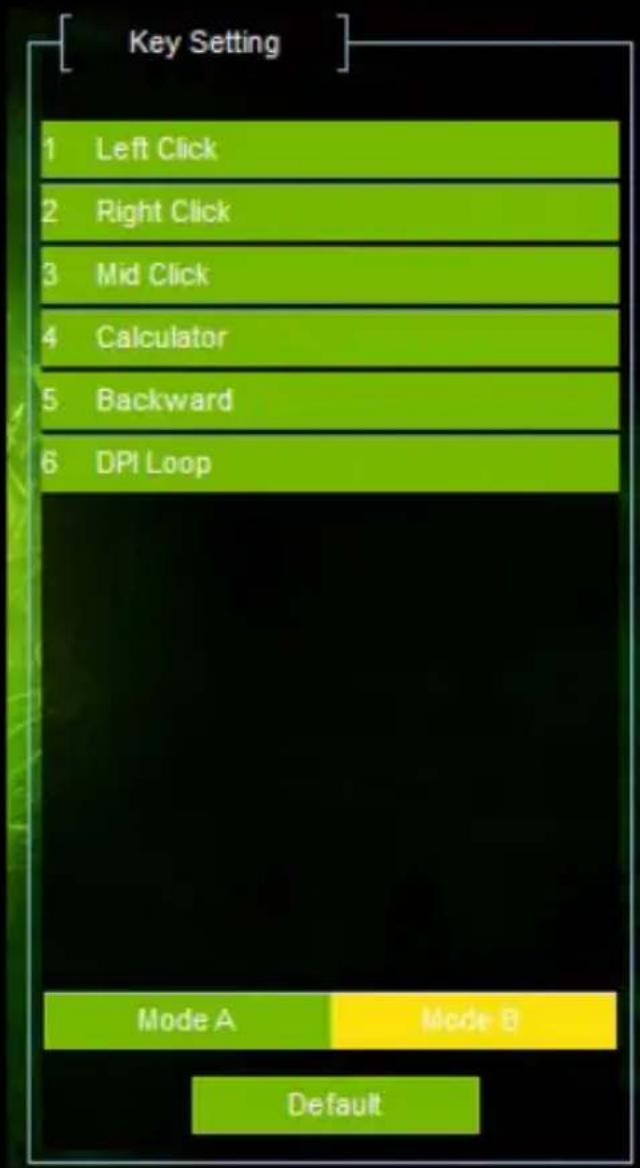 Key Setting 1 Left Click 2 Right Click 3 Mid Click 4 Calculator 5 Backward 6 DPI Loop Mode A Mode B Default