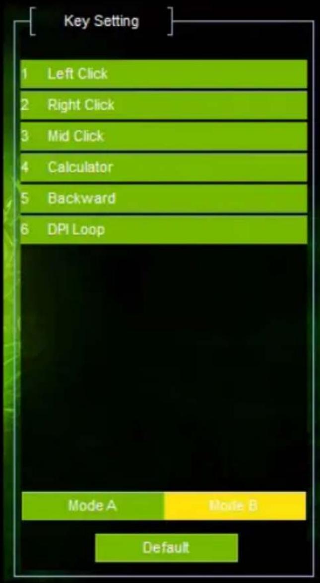 Key Setting 1 Left Click 2 Right Click 3 Mid Click 4 Calculator 5 Backward 6 DPI Loop Mode A Mode B Default