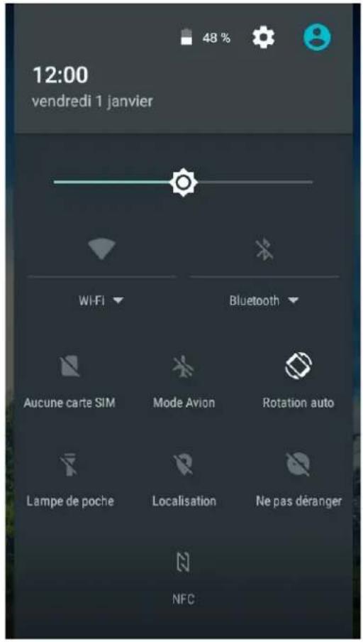 12:00 vendredi 1 janvier 48 % Wi-Fi Bluetooth Aucune carte SIM Mode Avion Rotation auto Lampe de poche Localisation Ne pas déranger NFC