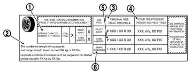 TIRE AND LOADING INFORMATION PNDU ET INFORMATION DE CHARGEMENT SEATING CAPACITY NOMBRE DE PLUCER TOTAL X FRONT AVANT X REAR ARRÈRE X TIRE PNDU ORIGINAL SIZE TAILLE ORIGINALE COLD TIRE PRESSURE PRESSION DES PNDU FROIS FRONT AVANT P XXX / XX R XX XXX kPa, XX PSI REAR ARRÈRE P XXX / XX R XX XXX kPa, XX PSI SPARSE DE SECURUE T XXX / XX R XX XXX kPa, XX PSI SEE DWINSERS MANUAL FOR ADDITIONAL, INFORMATION. POUR COUNDES OF WALL SEE REPORTER AL MANUEL OU CONDUCTIVA The combined weight of occupants and cargo should never exceed XX kg or XX lbs. Le poids combiné d'occupants et de cargaison ne devrait jamae exclider XX kg ou XX lbs.