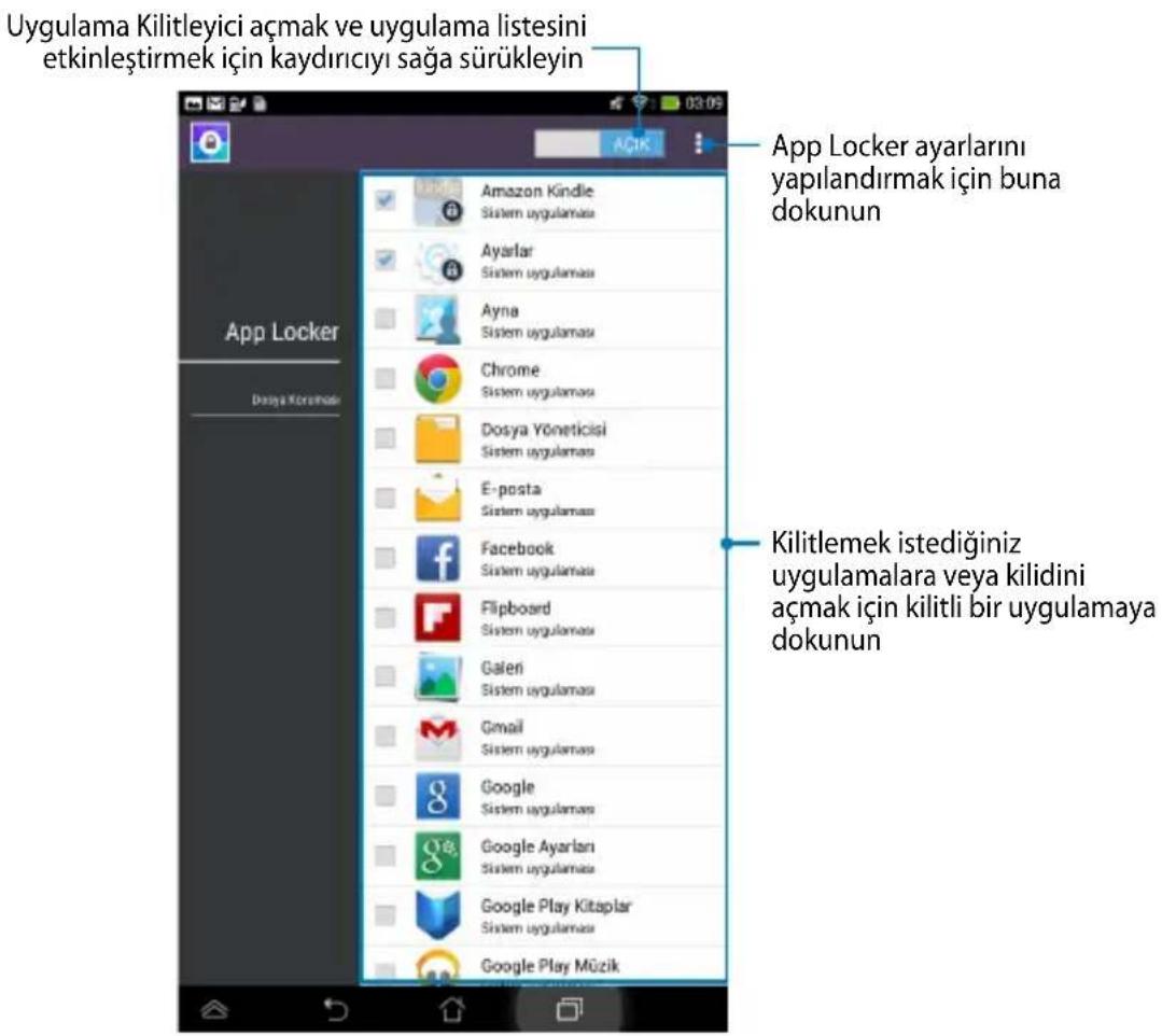 Uygulama Kilitleyici açmak ve uygulama listesini etkinleştirmek için kaydırıcıyı sağa sürükleyin App Locker Dosya Körömlade Amazon Kindle Sistem uygulaması Ayarlar Sistem uygulaması Ayna Sistem uygulaması Chrome Sistem uygulaması Dosya Yöneticisi Sistem uygulaması E-posta Sistem uygulaması Facebook…