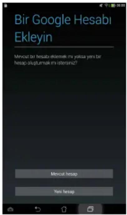 Bir Google Hesabı Ekleyin Mevcut bir hesabı eklemek mi yolksa yeni bir hesap oluşturmak mi isteriniz? Mevcut hesap Yeni hesap