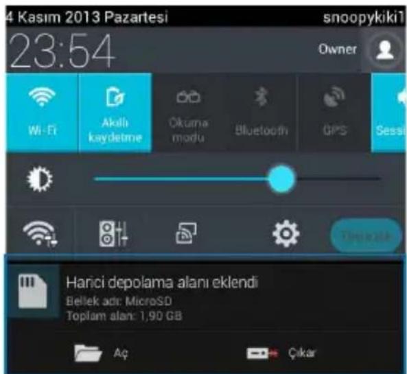 4 Kasım 2013 Pazartesi snoopykiki1 23:54 Owner Wi-Fi Akıllı kaydetme Ökuma modu Bluetooth GPS Sessi Harici depolama alanı eklendi Bellek adir: MicroSD Toplam alan: 1,90 GB Aç Çıkar
