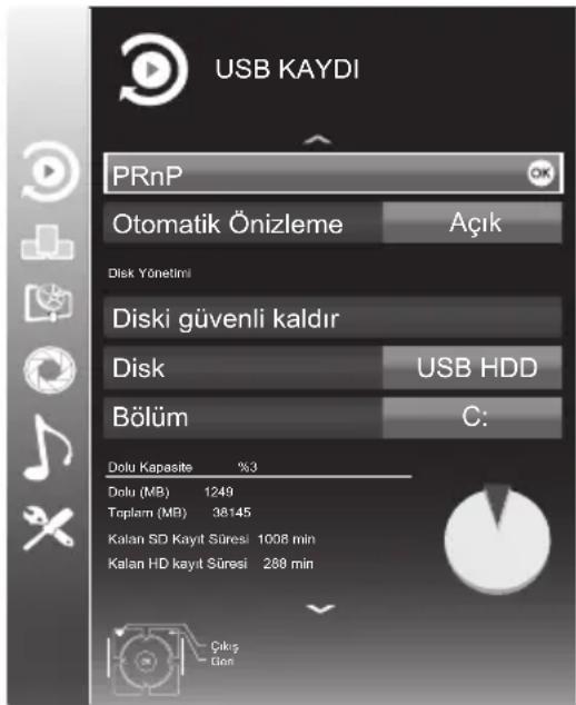 USB KAYDI PRnP Otomatik Önizleme Açık Disk Yönetimi Diski güvenli kaldır Disk USB HDD Bölüm C: Dolu Kapasite %3 Dolu (MB) 1249 Toplam (MB) 38145 Kalan SD Kayit Süresi 1008 min Kalan HD kayit Süresi 280 min Çıkış Gün