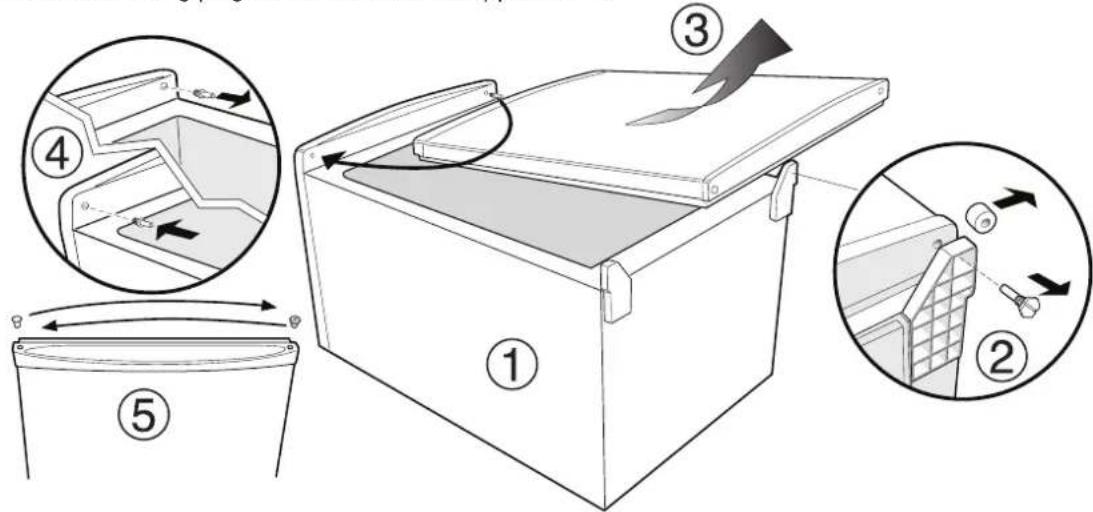 Diagram illustrating a mechanical device with numbered steps and directional arrows indicating motion or assembly.
