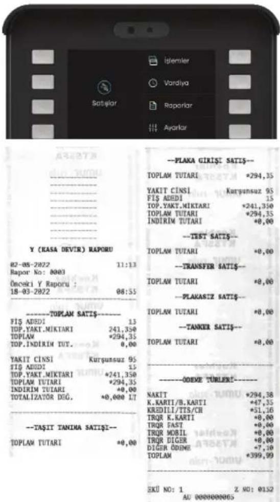 Satişlar İşlemler Vardıya Rapariar Ayariar Y (KASA DEVİR) RAPORU 02-05-2022 11:13 Rapor Ko: 0003 Önceki Y Raporu : 18-03-2022 08:55 ----TOPLAM SATIŞ---- FIŞ ADEDI 13 TOP.YAKI.MIKTARI 241,350 TOPLAM *294,35 TOP.INDIRIM TUT. 0,00 YAKIT CINSI Kurşunsuz 95 FIŞ ADEDI 15 TOP.YAKI.MIKTARI *241,350 TOPLAM TUTARI *294,35 INDIRIM TUTARI +0,00 TOTALIZATOR DEG. *0,000 L7 ----TAŞII TANIMA SATIŞİ-- TOPLAM TUTARI *0,00 ----PLAKA GİRİŞI SATIŞ-- TOPLAM TUTARI *294,35 YAKIT CINSI Kurşunsuz 95 FIŞ ADEDI 15 TOP.YAKI.MIKTARI *241,350 TOPLAM TUTARI *294,35 INDIRIM TUTARI +0,00 TOTALIZATOR DEG. *0,000 L7 ----TEST SATIŞ-- TOPLAM TUTARI *0,00 ----TRANSFER SATIŞ-- TOPLAM TUTARI *0,00 ----PLAKASIZ SATIŞ-- TOPLAM TUTARI *0,00 ----TANKER SATIŞ-- TOPLAM TUTARI *0,00 ----ODENE TÜRLERİ-- NAKIT *294,38 K.KARTI/B.KARTI *67,35 KREDILI/TTS/CH *51,16 TRQR K.KARTI *0,00 TRQR FAST *0,00 TRQR MOBIL *0,00 TRQR DIGER *0,00 DIGER ODIME *7,10 TOPLAM *399,99 EKÜ NO: 1 Z NO: 0152 AU 000000006