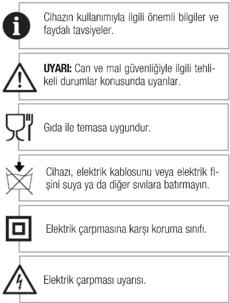 Cihazın kullanımıyla ilgili önemli bilgiler ve faydalı tavsiyeler. UYARI: Can ve mal güvenliğiyle ilgili tehlikeli durumlar konusunda uyarılar. Gıda ile temasa uygundur. Cihazı, elektrik kablosunu veya elektrik fişini suya ya da diğer sıvılara batırmayın. Elektrik çarpmasına karşı koruma sınıfı. Elektrik çarpması uyarısı.