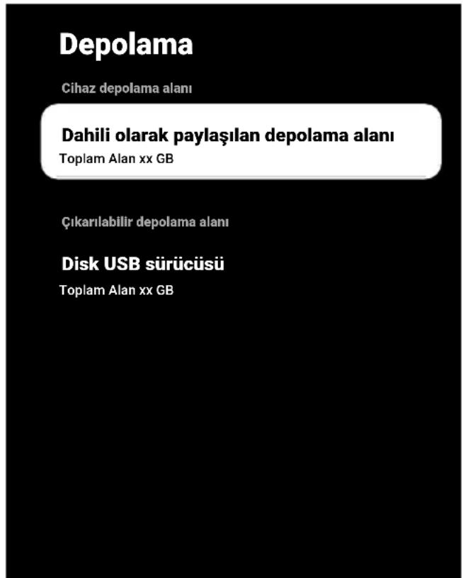 Depolama Cihaz depolama alanı Dahili olarak paylaşılan depolama alanı Toplam Alan xx GB Çıkarılabilir depolama alanı Disk USB sürücüsü Toplam Alan xx GB