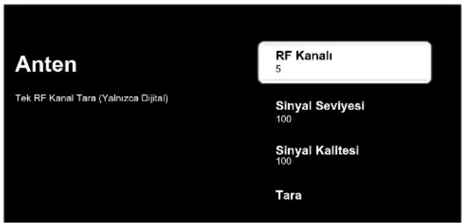 Anten Tek RF Kanal Tara (Yalnızca Dijital) RF Kanali 5 Sinyal Seviyesi 100 Sinyal Kalitesi 100 Tara