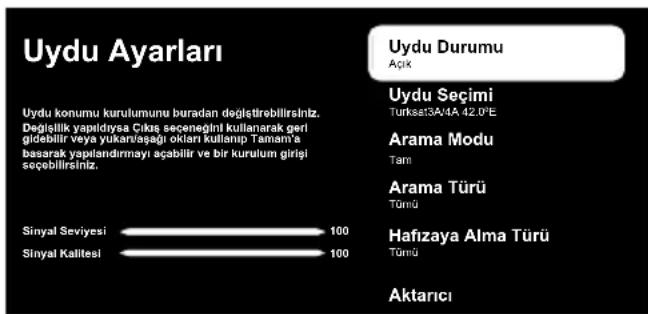 Uydu Ayarları Uydu konumu kurulumunu buradan değiştirebilirsiniz. Değişlilik yapıldıysa Çıksa seçeneğnlı kullanarak gerl gidebilir veya yukarı/şağı oklari kullanıp Tamam'a basarak yapılandırınayı açabilir ve bir kurulum girişi seçebilirsiniz. Sinyal Seviyesi 100 Sinyal Kalitesi 100 Uydu Durumu Açık Uydu Seçimi Turksat3A/4A 42.0'E Arama Modu Tam Arama Türü Tümlü Hafizaya Alma Türü Tümlü Aktarıcı
