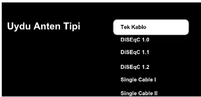 Uydu Anten Tipi Tek Kablo DiSEqC 1.0 DiSEqC 1.1 DiSEqC 1.2 Single Cable I Single Cable II