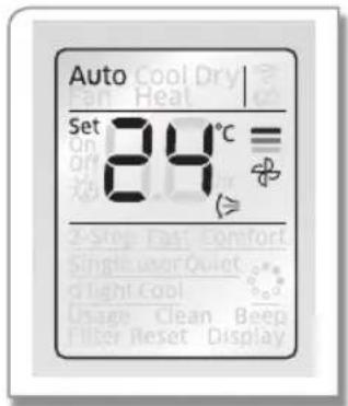 Auto Set 24°C Cool Dry Heat 2-Step Fast Comfort Single Lower Quiet d Light Cool Usage Clean Beep Filter Reset Display