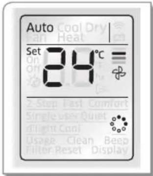 Auto Set 24°C 2-Step Fast Comfort Single user Quiet Light Coni Usage Clean Beep Filter Reset Display