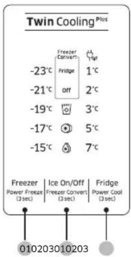 Twin Cooling Plus Freezer Convert -23°C Fridge 1°C -21°C off 2°C -19°C 3°C -17°C 5°C -15°C 7°C Freezer Ice On/Off Power Freeze (3 sec) Freezer Convert (3 sec) Fridge Power Cool (3 sec) 010203010203