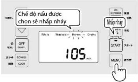 Chế dô nâu dược chơn sẽ nhập nháy White Washed Brown Grains 105 min OFF CANCEL 切除 CONGER COOK Nhắp nháy START START MENU 修改方