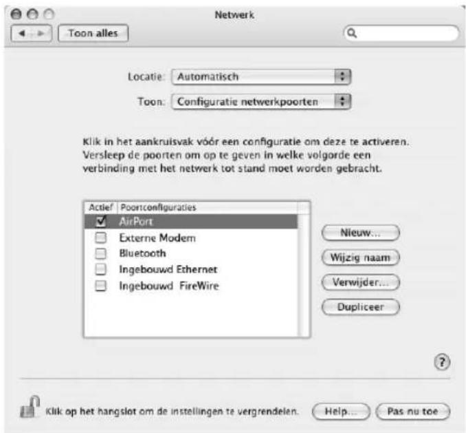 Netwerk Toon alles Locatie: Automatisch Toon: Configuratie netwerkpoorten Klik in het aankruisvak vóór een configuratie om deze te activeren. Versleep de poorten om op te geven in welke volgorde een verbinding met het netwerk tot stand moet worden gebracht. Actief Poortconfiguracies ✓ AirPort □ Externe Modem □ Bluetooth □ Ingebouwd Ethernet □ Ingebouwd FireWire Nieuw... Wijzig naam Verwijder... Duplicer ? Klik op het hangslot om de instellingen te vergrendelen. Help... Pas nu toe
