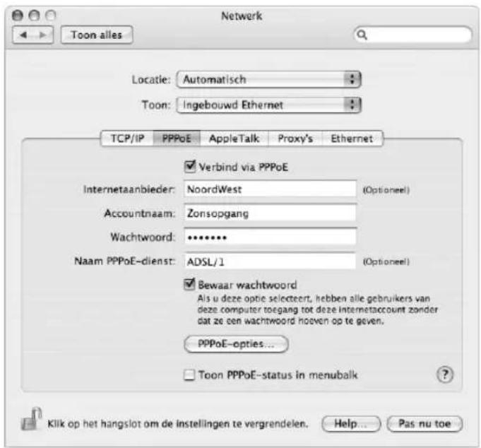 Network Toon alles Locatie: Automatisch Toon: Ingebouwd Ethernet TCP/IP PPPoE AppleTalk Proxy's Ethernet ✓ Verbind via PPPoE Internetaanbieder: NoordWest (Optioneel) Accountnaam: Zonsopgang Wachtwoord: ••••••• Naam PPPoE-dienst: ADSL/1 (Optioneel) ✓ Bewaar wachtwoord Als u deze optie selecteert, hebben alle gebruikers van deze computer toegang tot deze internetaccount zonder dat ze een wachtwoord hoeven op te geven. PPPoE-opties... ✓ Toon PPPoE-status in menubalk Klik op het hangslot om de instellingen te vergrendelen. Help... Pas nu toe