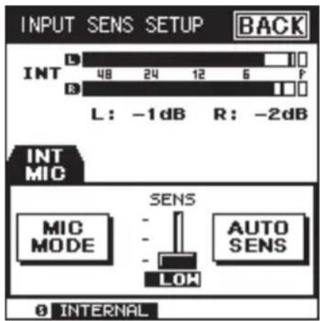 INPUT SENS SETUP BACK INT 48 24 12 6 P L: -1dB R: -2dB INT MIC MIX MODE SENS AUTO SENS LOW INTERNAL