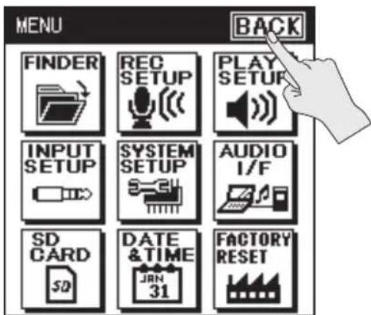MENU BACK FINDER REC SETUP PLAY SETUP INPUT SETUP SYSTEM SETUP AUDIO I/F SD CARD SD DATE &TIME JAN 31 FACTORY RESET