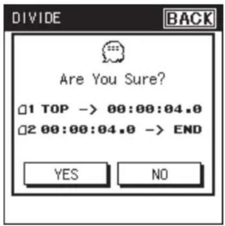 DIVIDE BACK Are You Sure? □1 TOP -> 00:00:04.0 □2 00:00:04.0 -> END YES NO