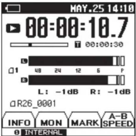 MAY.25 14:10 00:00:10.7 T 00:00:30 L □1 48 24 12 6 P B L: -1dB R: -1dB □R26_0001 INFO MON MARK A-B SPEED 9 INTERNAL