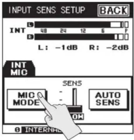 INPUT SENS SETUP BACK INT 48 24 12 6 F R 12 6 L: -1 dB R: -2dB INT MIC SENS MIC MODE AUTO SENS OK AUTO SENS 8 INTERNAT