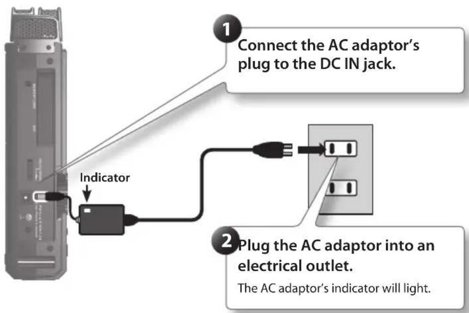 1 Connect the AC adaptor's plug to the DC IN jack. Indicator 2 Plug the AC adaptor into an electrical outlet. The AC adaptor's indicator will light.