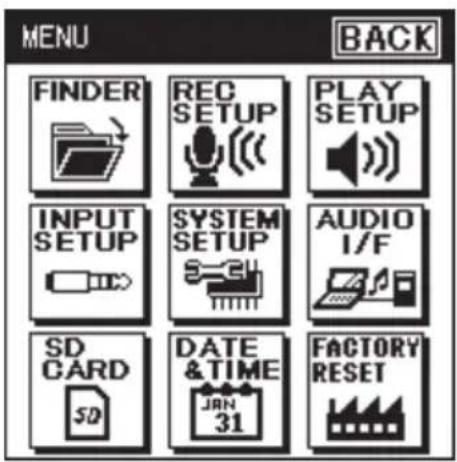 MENU FINDER REC SETUP PLAY SETUP INPUT SETUP SYSTEM SETUP AUDIO I/F SD CARD SD DATE &TIME JAN 31 FACTORY RESET BACK