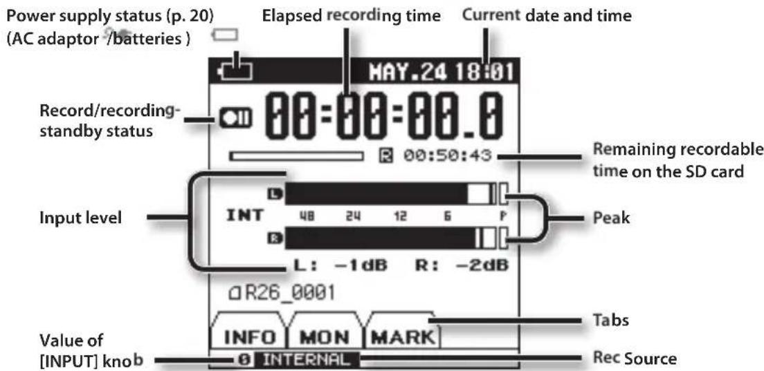 Power supply status (p. 20) (AC adaptor /batteries) Record/recording- standby status Elapsed recording time Current date and time MAY.24 18:01 00:00:00.0 R 00:50:43 Remaining recordable time on the SD card Input level INT Peak L: -1dB R: -2dB QR26_0001 Value of [INPUT] knob INFO MON MARK Caps Rec So…