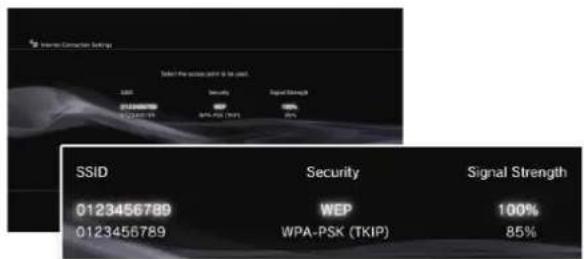Select Pre-slice point to be used. SSID Security Signal Strength 0123456789 WEP 100% 0123456789 WPA-PSK (TKIP) 85%