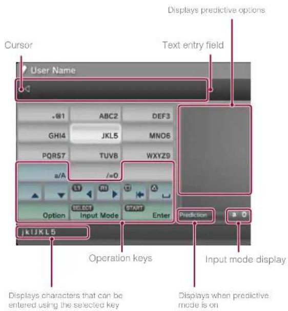 Cursor User Name Displays predictive options Text entry field GHI4 JKL5 MNO6 PQR57 TUV8 WXYZ9 a/A /=0 Option SELECT Input Mode START Enter Prediction jkljKL5 Operation keys Input mode display Displays characters that can be entered using the selected key Displays when predictive mode is on