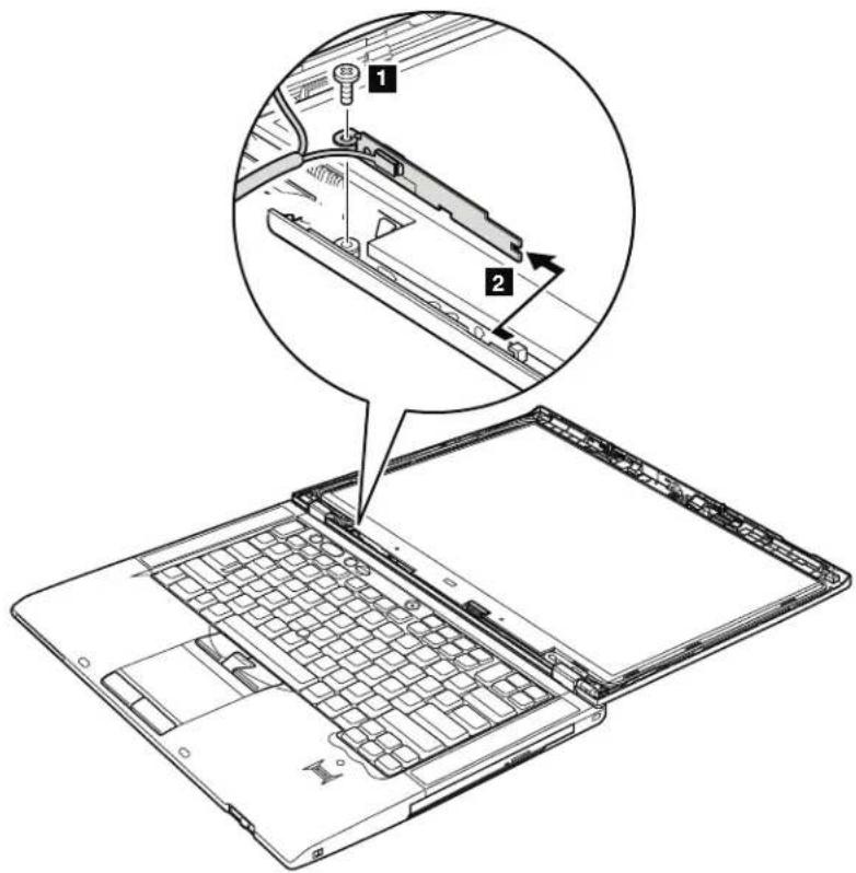 Laptop interior diagram with numbered component annotations showing a close-up of the internal structure and a magnified view of the device's front panel.