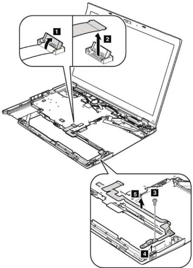 Technical diagram showing exploded view of a laptop's internal components with numbered callouts for assembly or repair steps.