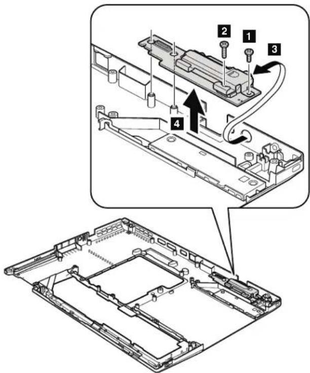 Technical diagram showing a device's internal structure with numbered components and an exploded view of the base panel.