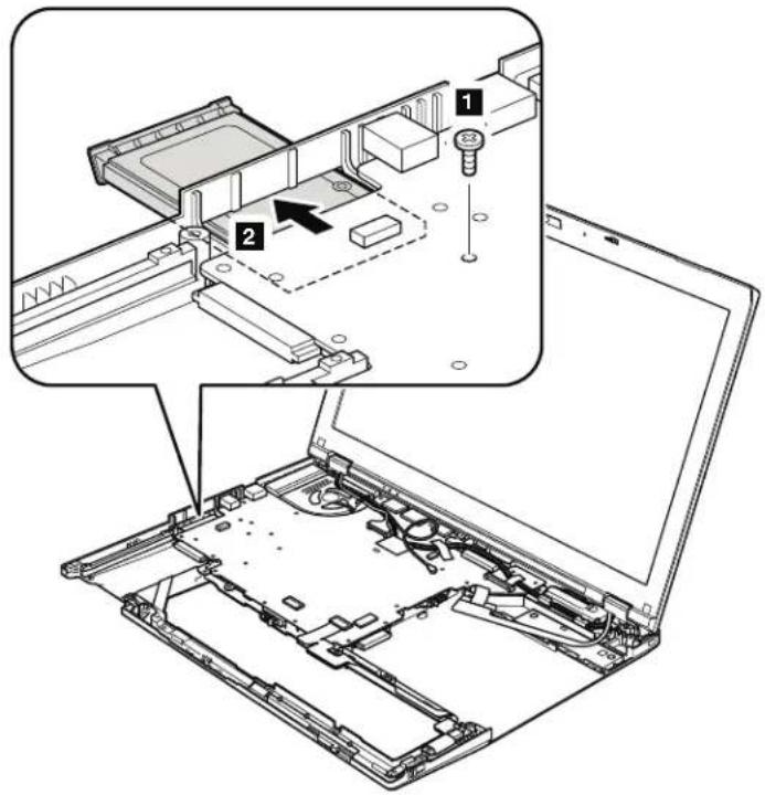 Technical diagram showing a laptop's internal structure with labeled components and an inset view of the device's assembly.