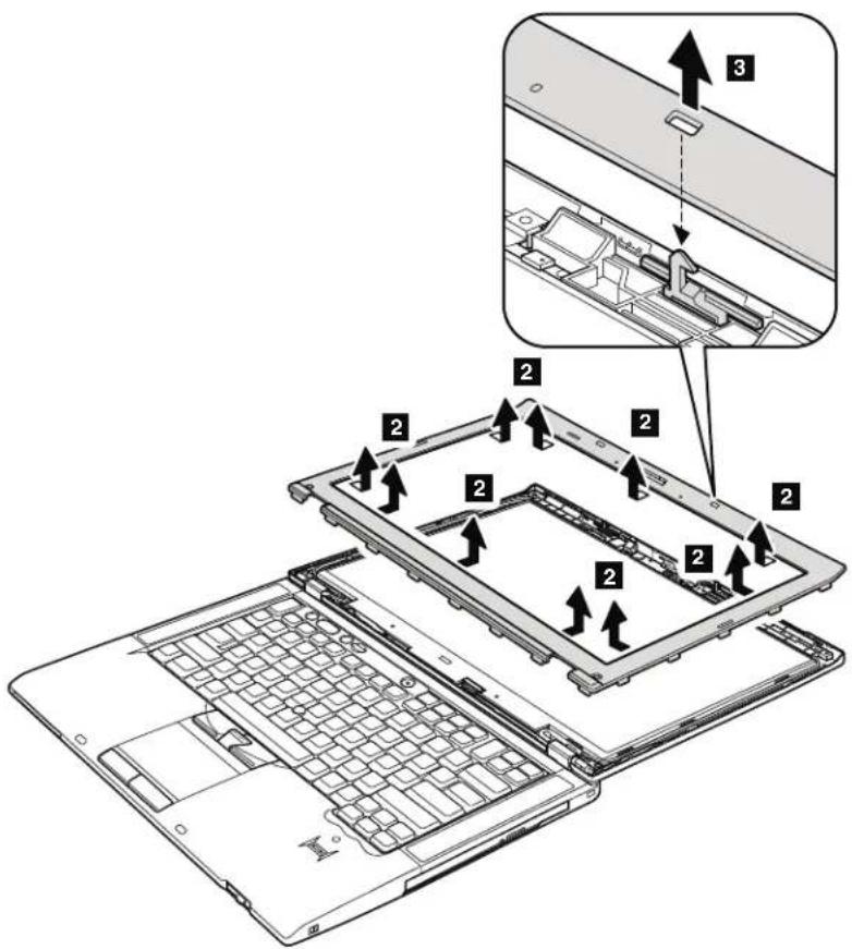 Laptop interior diagram with numbered component annotations and a close-up view of the internal structure