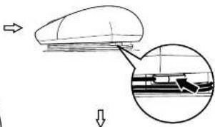 Diagram illustrating a mechanical or structural change with arrows indicating direction and a magnified inset showing detail of a component.