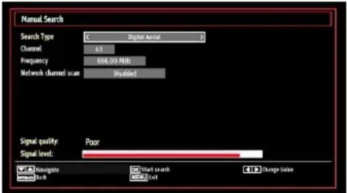 Manual Search Search Type: < Digital Arrival > Channel 6.5 Frequency 686.00 MHz Network channel scan Disabled Signal quality: Poor Signal level: Navigate Start search Change Value Back MENU Left