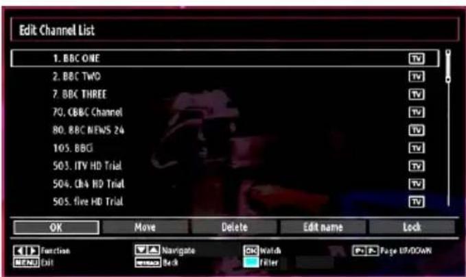 Edit Channel List 1. BBC ONE 2. BBC TWO 7. BBC THREE 70, CBBC Channel 80, BBC NEWS 24 105, BBG 503, ITV HD Trial 504, ChA HD Trial 505, five HD Trial OK Move Delete Edit name Lock Function Navigate SkWatch P Page UNKNOWN Menu Exit Back Filter