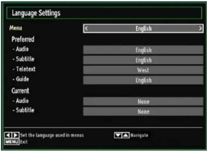Language Settings Menu English Preferred - Audio English - Subtitle English - Teletext West - Guide English Current - Audio None - Subtitle None Set the language used in menus Navigate MENU Exit