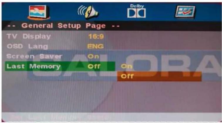 -- General Setup Page -- TV Display 16:9 OSD Lang ENG Screen Saver On Last Memory Off On Off