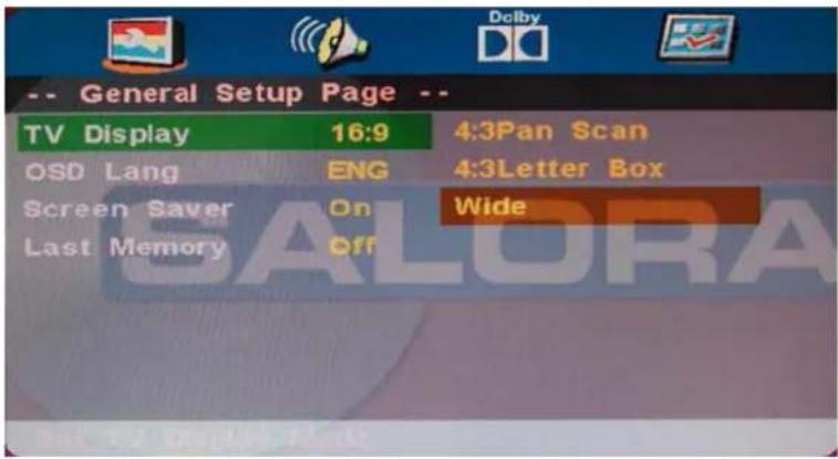 -- General Setup Page -- TV Display 16:9 4:3Pan Scan OSD Lang ENG 4:3Letter Box Screen Saver On Wide Last Memory Off