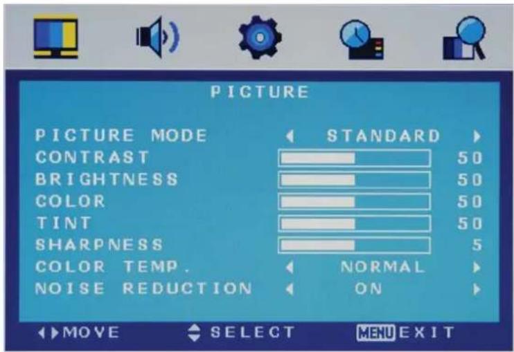 PICTURE PICTURE MODE STANDARD CONTRAST 50 BRIGHTNESS 50 COLOR 50 TINT 50 SHARPNESS 5 COLOR TEMP. NORMAL NOISE REDUCTION ON MOVE SELECT MENU EXIT