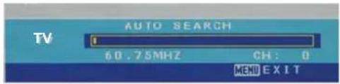 TV AUTO SEARCH 60.75MHz CH: 0 MENU EXIT