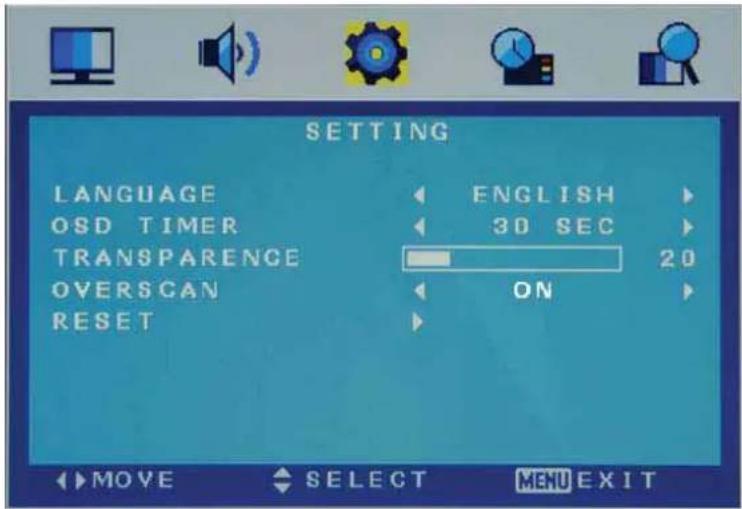 SETTING LANGUAGE ENGLISH OSD TIMER 30 SEC TRANSPARENCE 20 OVERSCAN ON RESET MOVE SELECT MENU EXIT