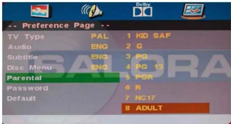 -- Preference Page -- TV Type PAL 1 KD SAF Audio ENG 2 G Subtitle ENG 3 PG Disc Menu ENG 4 PG 13 Parental 5 PGR Password 6 R Default 7 NC17 8 ADULT
