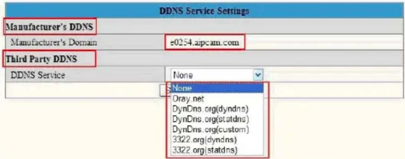 DDNS Service Settings Manufacturer's DDNS Manufacturer's Domain e0254.aipcam.com Third Party DDNS DDNS Service None None Oray.net DynDns.org(dyndns) DynDns.org(statdns) DynDns.org(custom) 3322.org(dyndns) 3322.org(statdns)