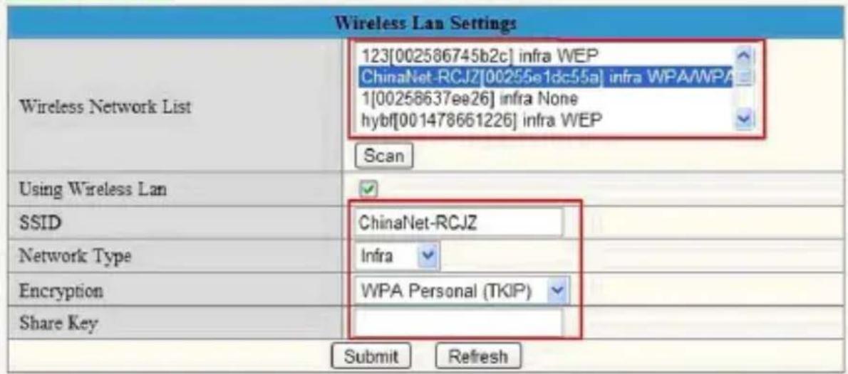 Wireless Lan Settings 123[002586745b2c] infra WEP ChinaNet-RCJZ[00255e1dc55a] infra WPA/WPA 1[00258637ee26] infra None hybf[001478661226] infra WEP Scan Using Wireless Lan SSID ChinaNet-RCJZ Network Type Infra Encryption WPA Personal (TKIP) Share Key Submit Refresh