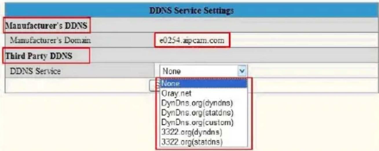 DDNS Service Settings Manufacturer's DDNS Manufacturer's Domain e0254.aipcam.com Third Party DDNS DDNS Service None None Oray.net DynDns.org(dyndns) DynDns.org(statdns) DynDns.org(custom) 3322.org(dyndns) 3322.org(statdns)